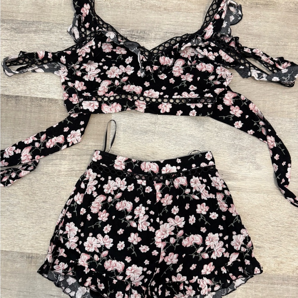 Floral Black and Pink Two-Piece Set